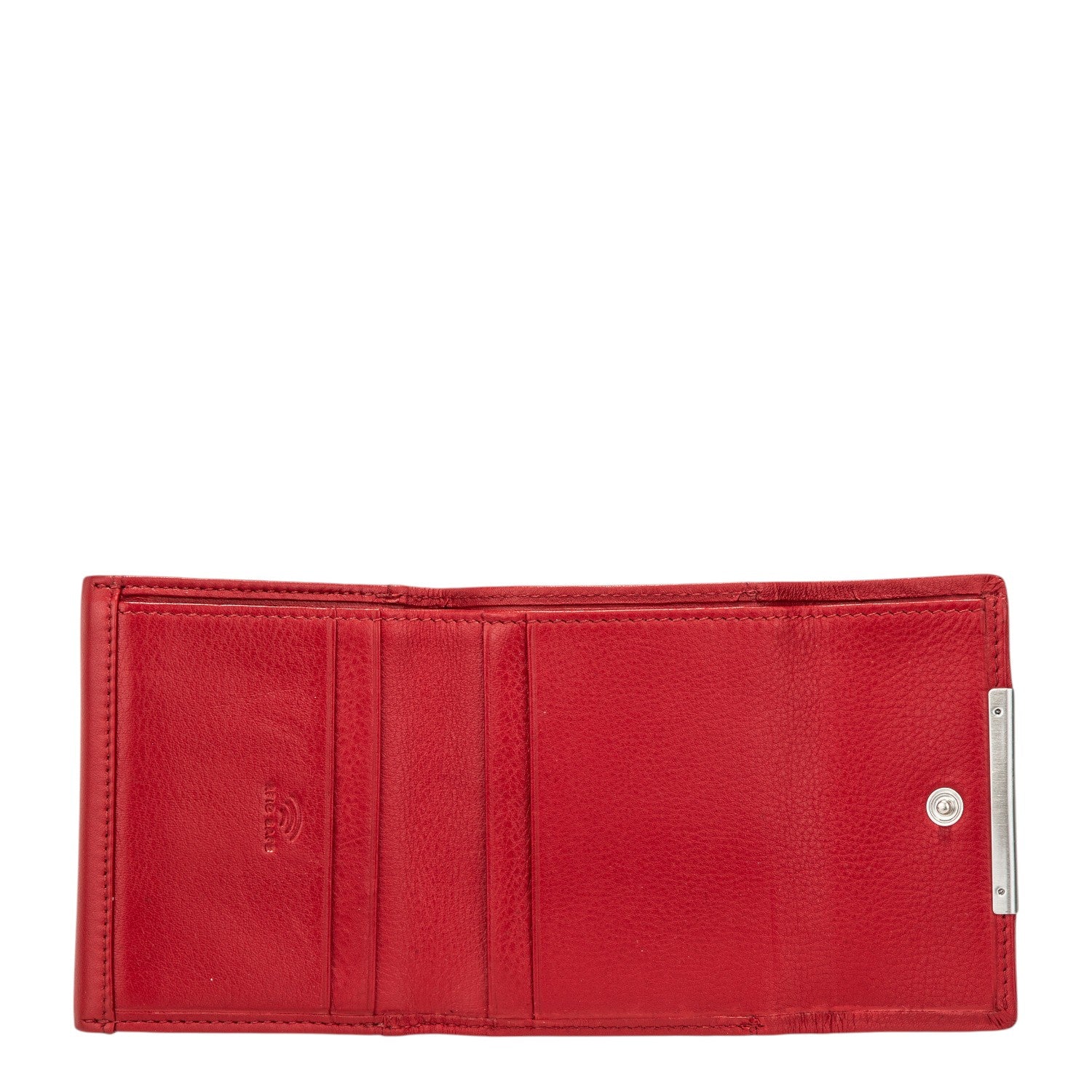 Lieblingstasche red leather tri-fold wallet with card slots and metal clasp closure.