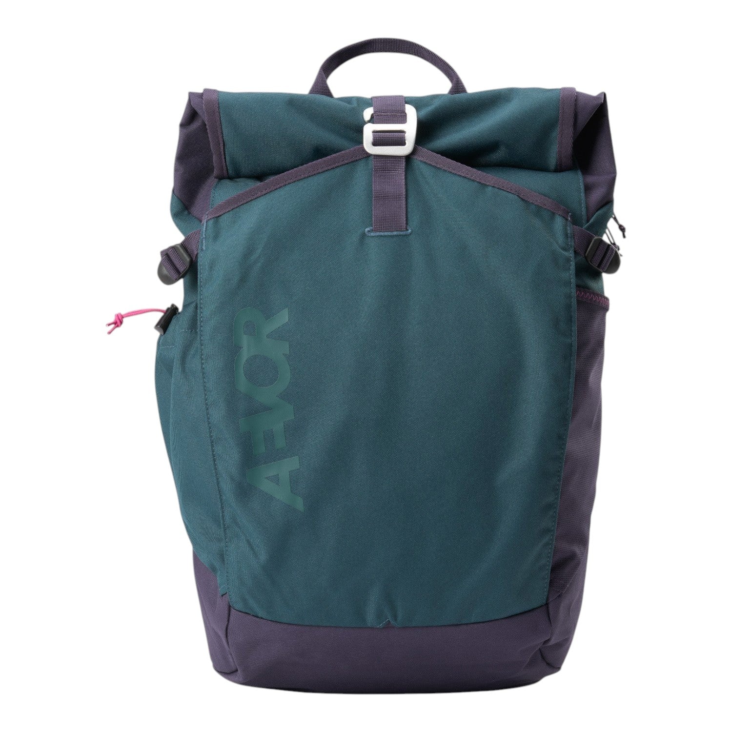Lieblingstasche Roll Pack 2.0 backpack in teal and dark purple with a roll-top closure and front buckle detail.