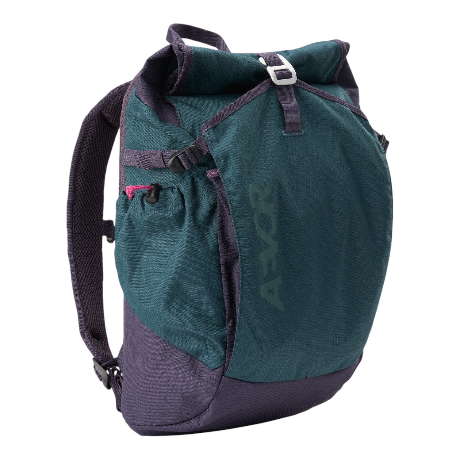 Lieblingstasche Roll Pack 2.0 backpack in teal and dark purple with a roll-top closure and adjustable straps.
