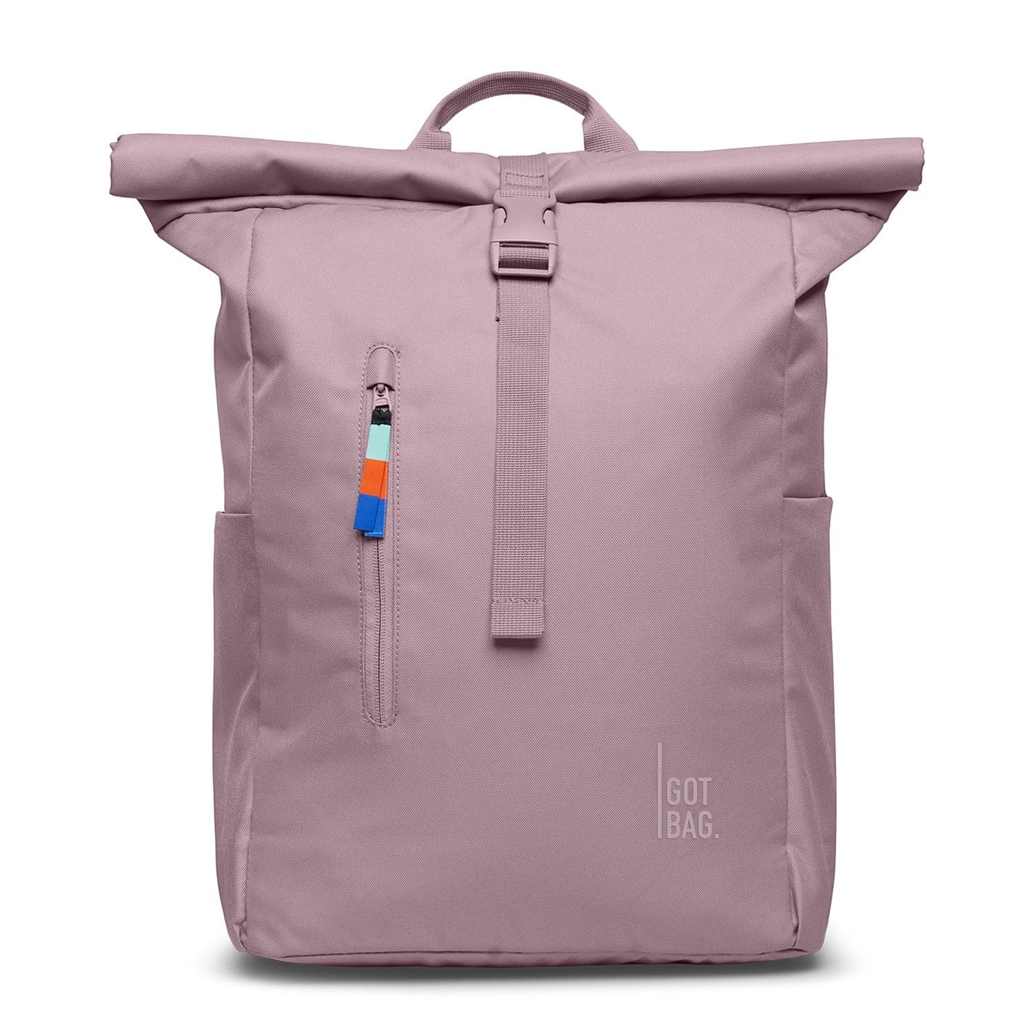 Lieblingstasche Rolltop Easy backpack in dusty rose, with a roll-top closure, front zip pocket, and side pockets. Features a colorful zipper pull.