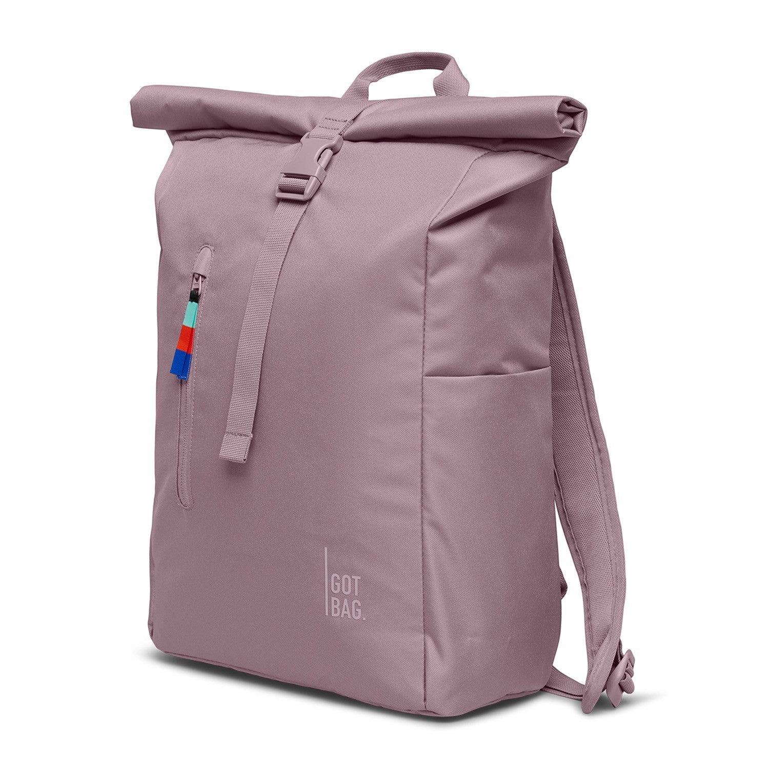 Lieblingstasche Rolltop Easy backpack in dusty rose, with a roll-top closure and buckle, side pocket, and colorful zipper pull.