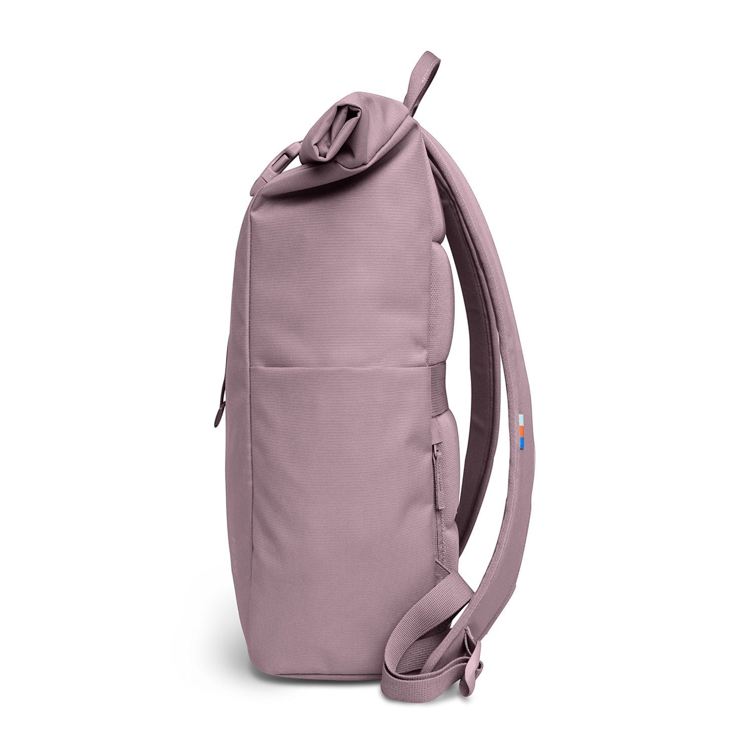 Lieblingstasche Rolltop Easy backpack in dusty rose pink fabric with a rolltop closure and side zip pocket.