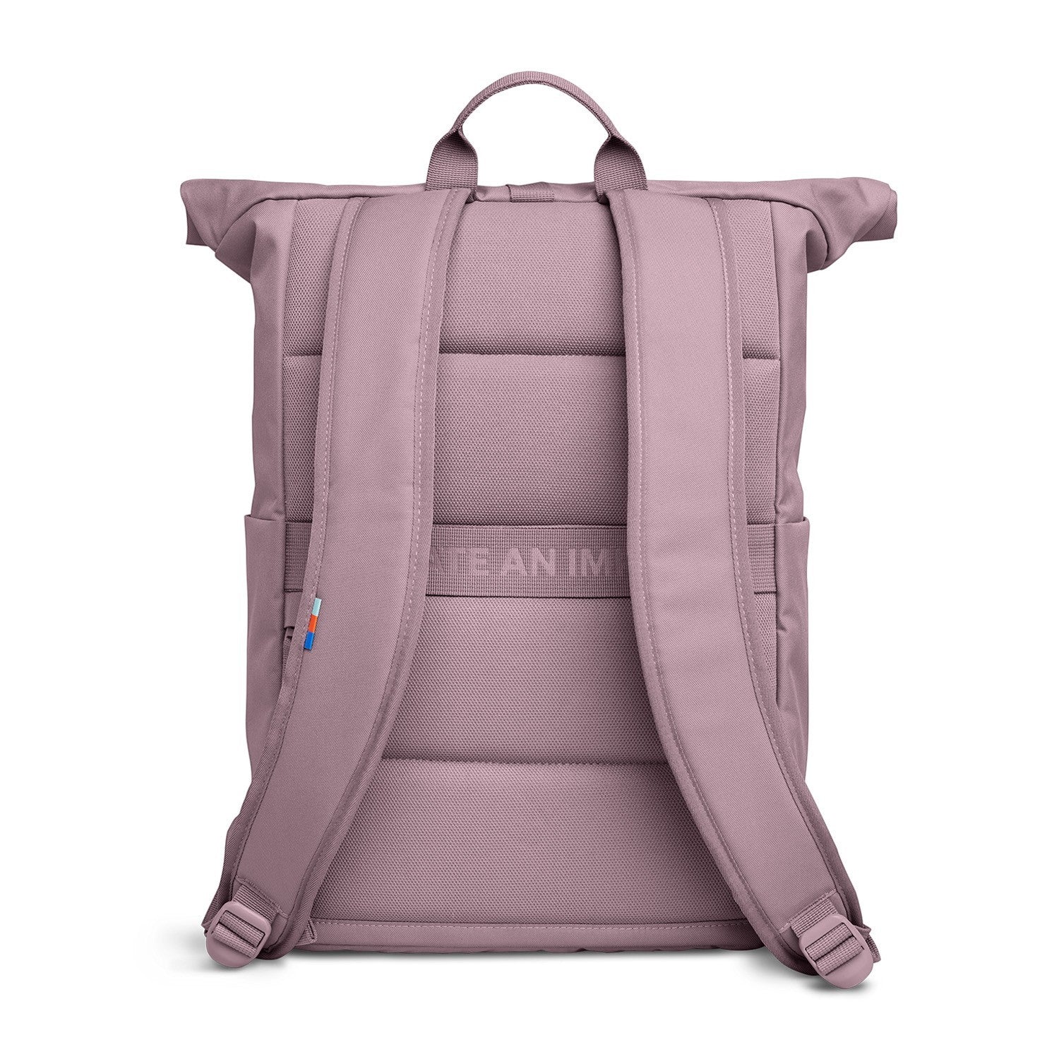 Lieblingstasche Rolltop Easy backpack in dusty rose pink with padded straps and a small flag detail.
