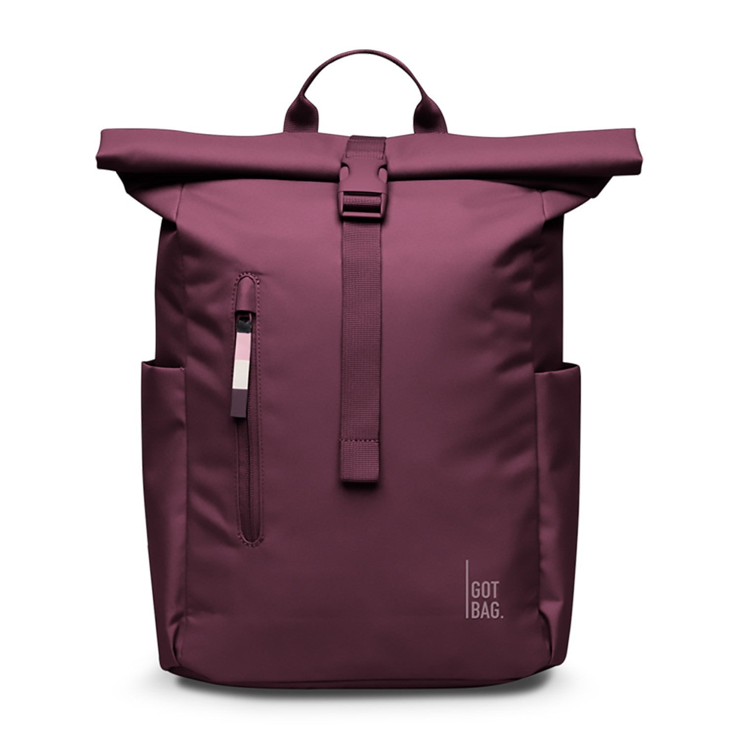 Lieblingstasche Rolltop Easy Small backpack in deep plum with side pockets and a front zip pocket.