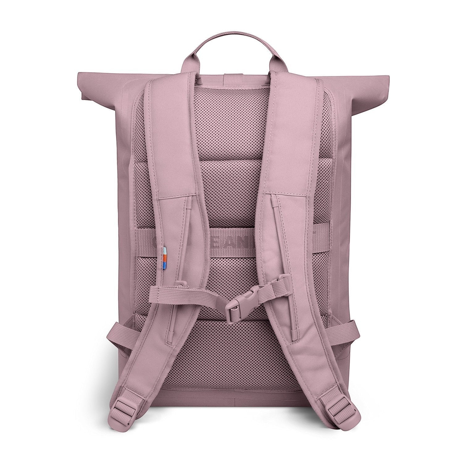 Lieblingstasche Rolltop Lite 2.0 backpack in dusty rose with padded straps and mesh back panel.