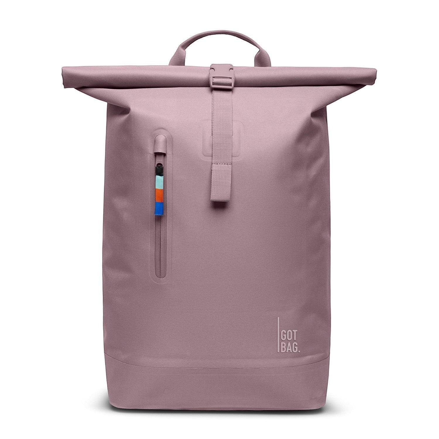 Lieblingstasche Rolltop Lite 2.0 dusty rose backpack with rolltop closure and front zip pocket with colorful zipper pull.