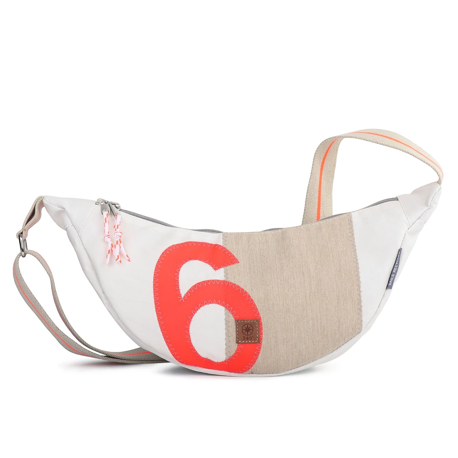 Lieblingstasche Roop crossbody bag made from recycled white sailcloth with a large orange number six and beige trim
