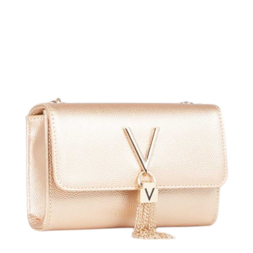 Lieblingstasche Pochette Divina rose gold metallic textured leather crossbody bag with V logo and tassel detail.