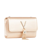 Lieblingstasche Pochette Divina rose gold metallic textured leather crossbody bag with V logo and tassel detail.