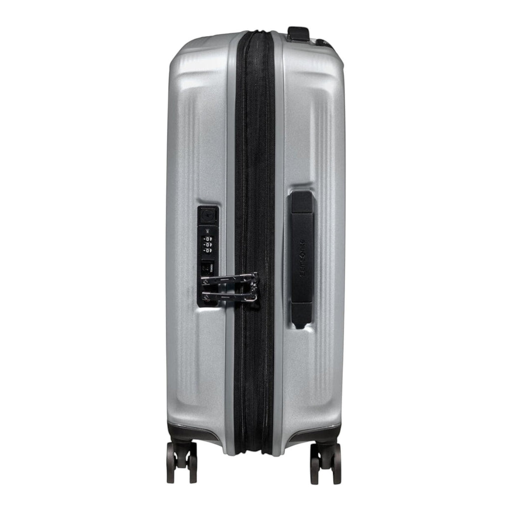 Lieblingstasche Samsonite NUON Spinner 55/20 silver hard shell carry-on suitcase with TSA lock and side view