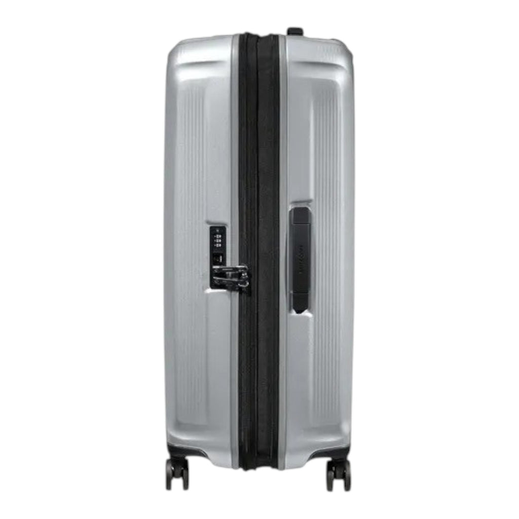 Lieblingstasche Samsonite NUON Spinner 69/25 silver hardshell suitcase with TSA lock and side view