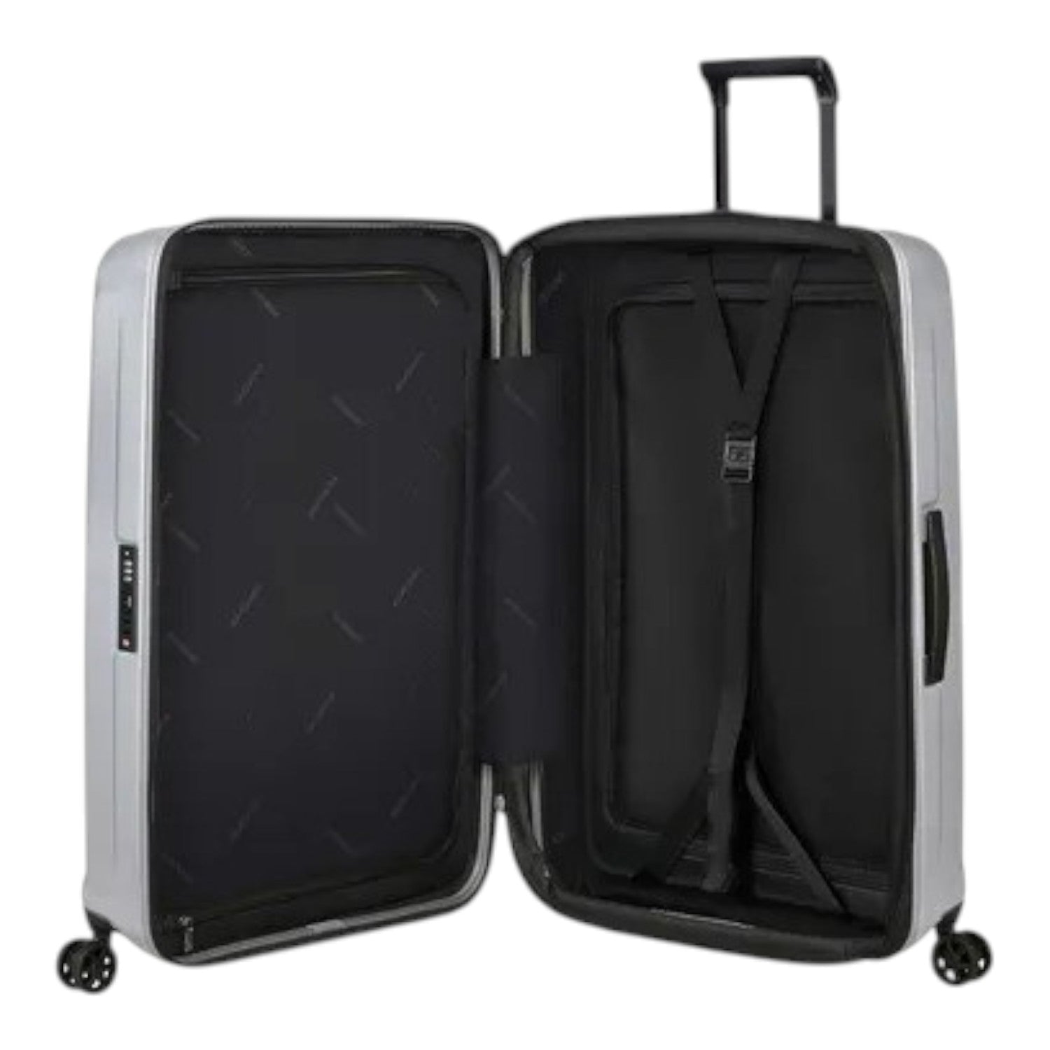 Lieblingstasche Samsonite NUON Spinner 69/25 suitcase in silver with open interior, TSA lock, and smooth wheels