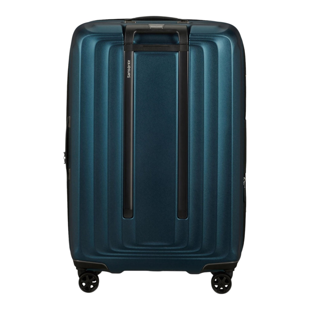 Lieblingstasche Samsonite NUON Spinner 69/25 expandable suitcase in dark teal with a hard shell and four wheels.