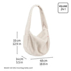 Lieblingstasche sand-colored teddy fleece moonbag with dimensions and 24-liter capacity label