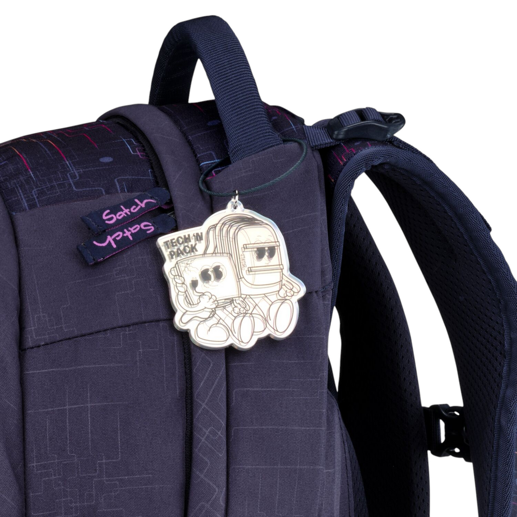 Lieblingstasche Satch school backpack in dark blue with a Tech In Pack character charm attached to the handle
