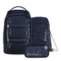 Lieblingstasche Satch school backpack set in dark blue with a circuit board pattern, including a gym bag and pencil case