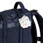 Lieblingstasche Satch school backpack in dark blue with a circuit board pattern and a cute robot character tag.