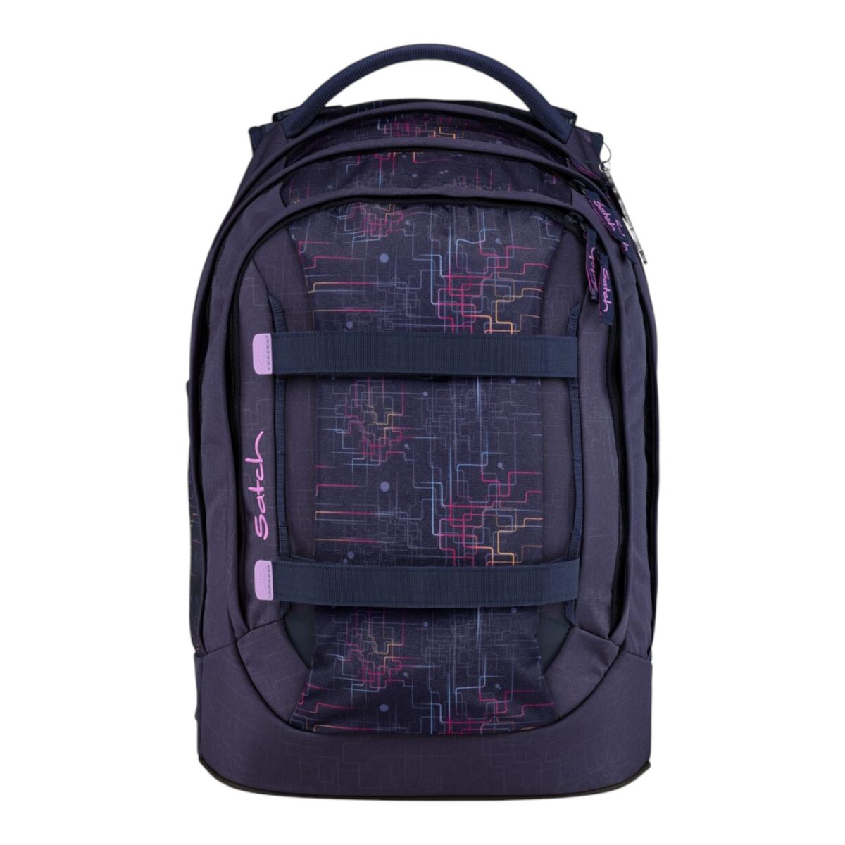 Lieblingstasche Satch school backpack in dark blue with a geometric neon line pattern and purple accents