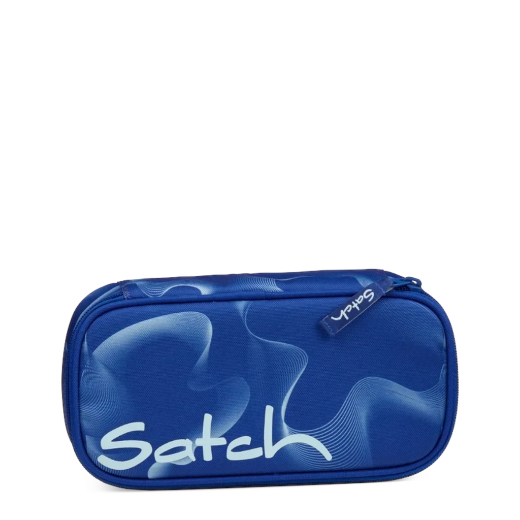 Lieblingstasche Satch blue pencil case with white abstract wave pattern made from recycled materials