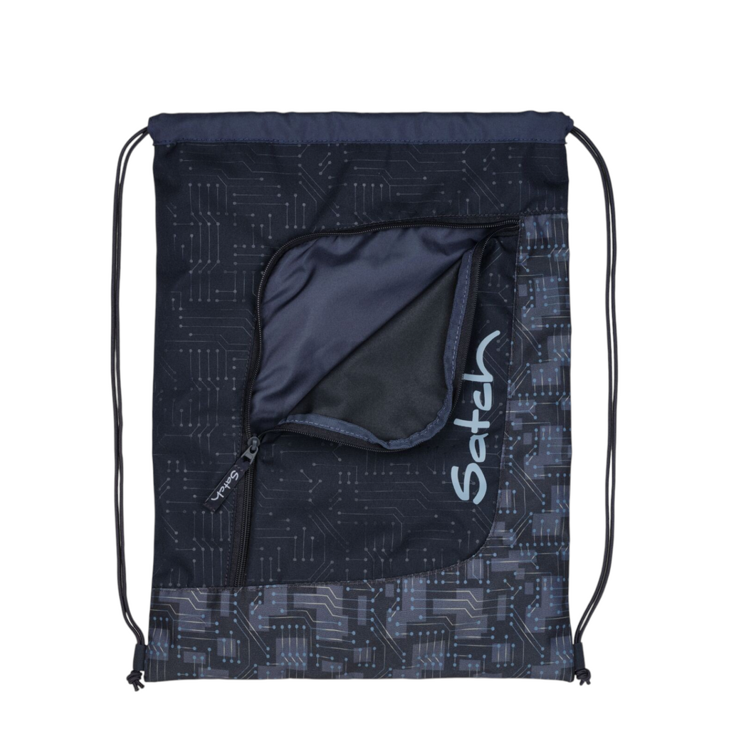 Lieblingstasche Satch drawstring gym bag in dark blue with a grey circuit board pattern and front zipper pocket
