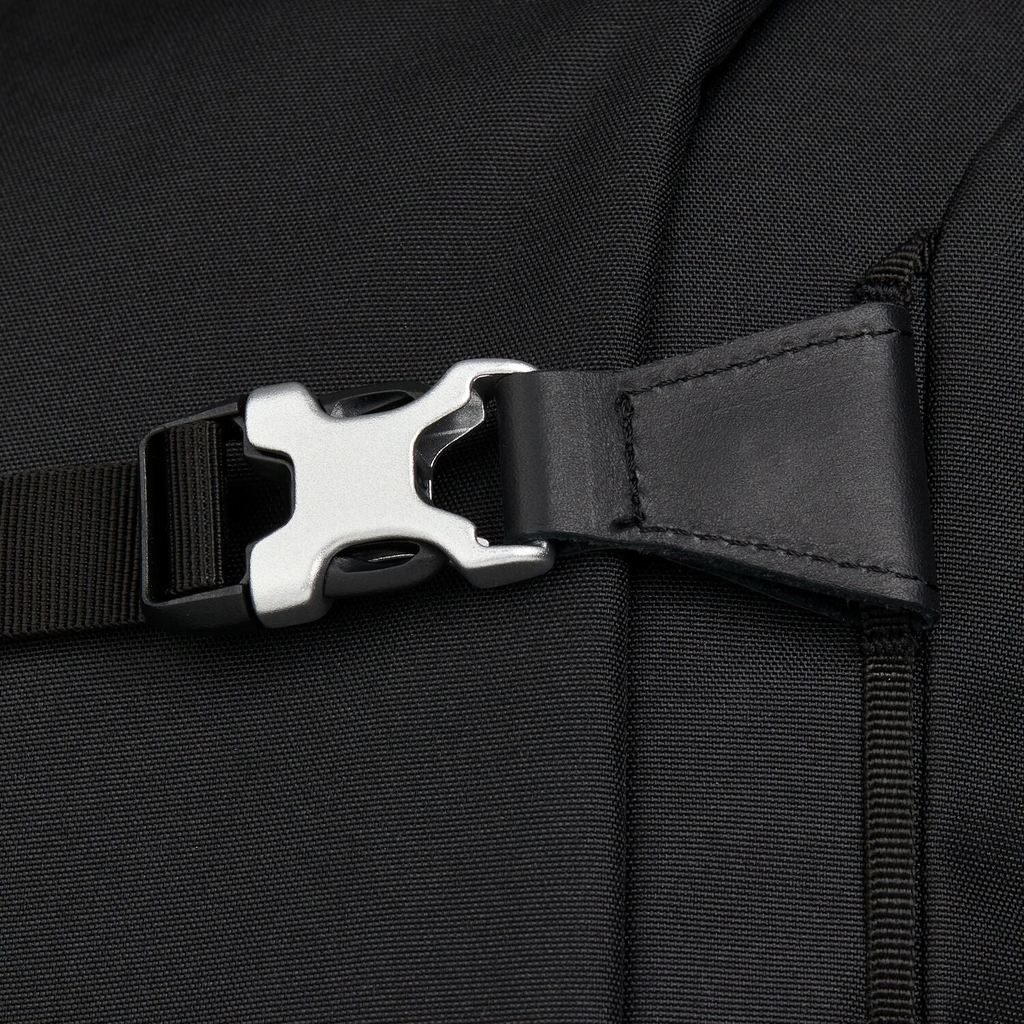 Lieblingstasche satch Pack school backpack black fabric detail with silver metal buckle and leather trim