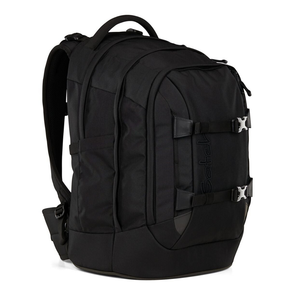 Lieblingstasche satch PACK school backpack in black with adjustable straps, multiple compartments, and side buckles.