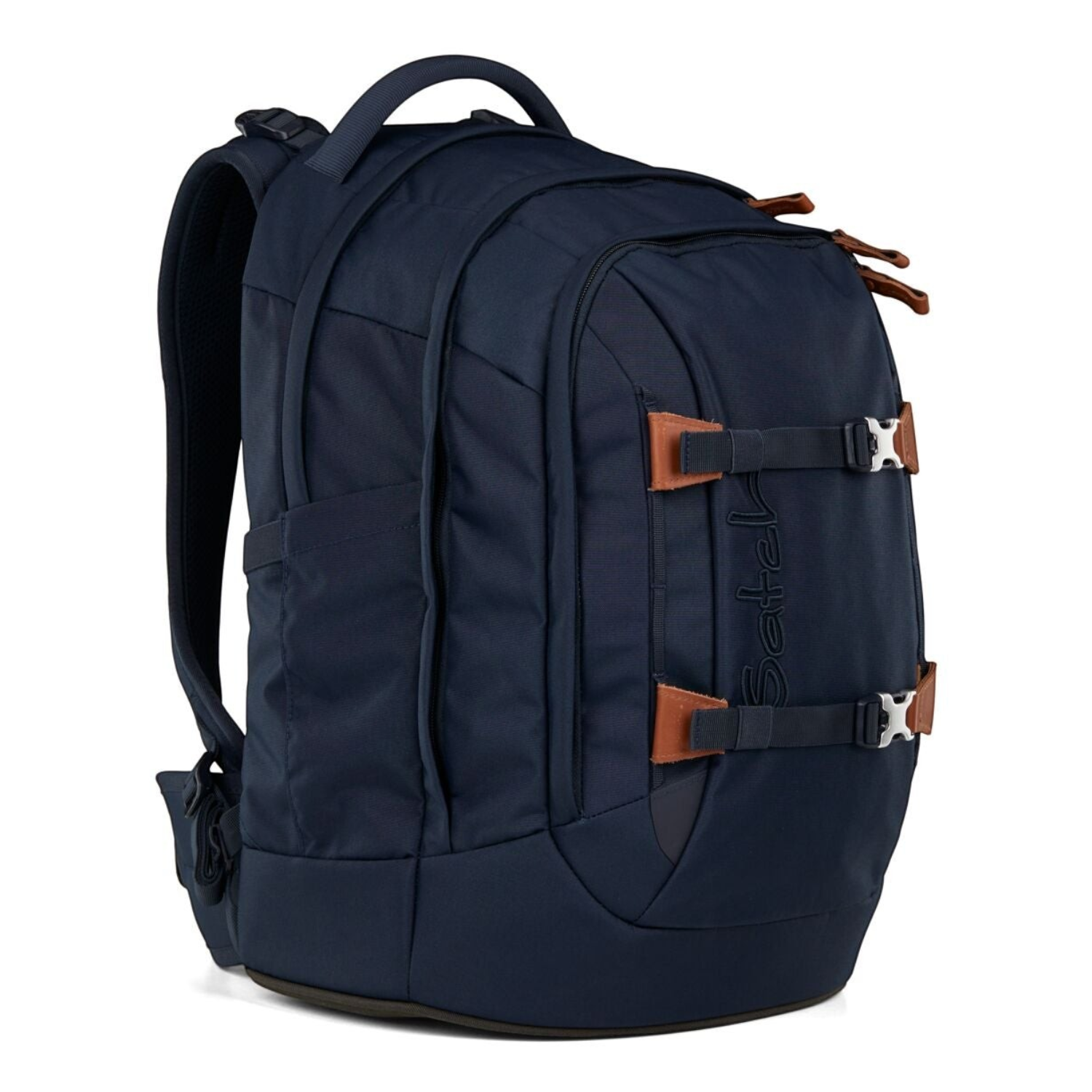 Lieblingstasche satch PACK school backpack in dark blue with brown leather-look accents and side compression straps