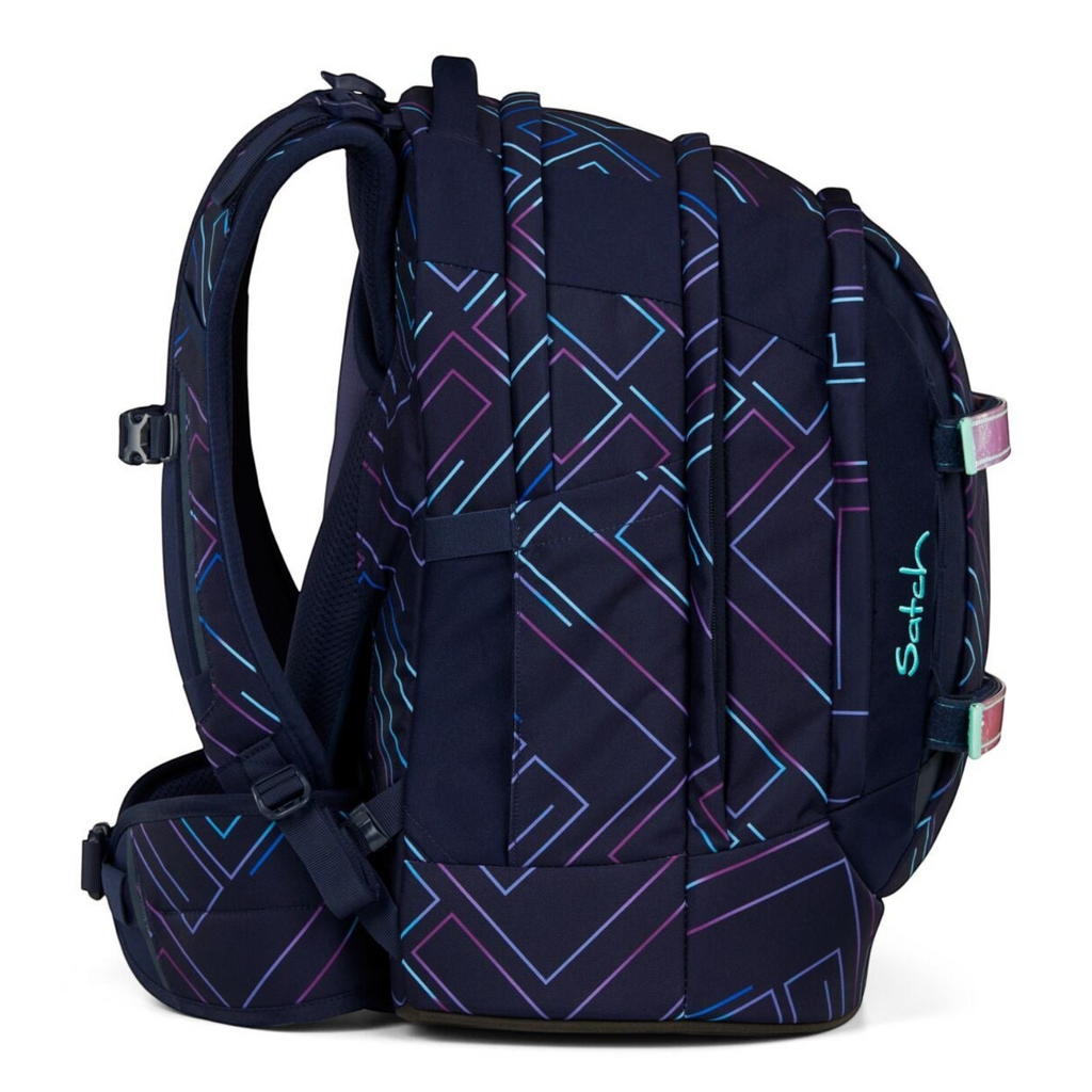 Lieblingstasche satch pack school backpack in dark blue with purple and blue geometric line pattern, side view