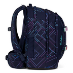Lieblingstasche satch pack school backpack in dark blue with purple and blue geometric line pattern, side view