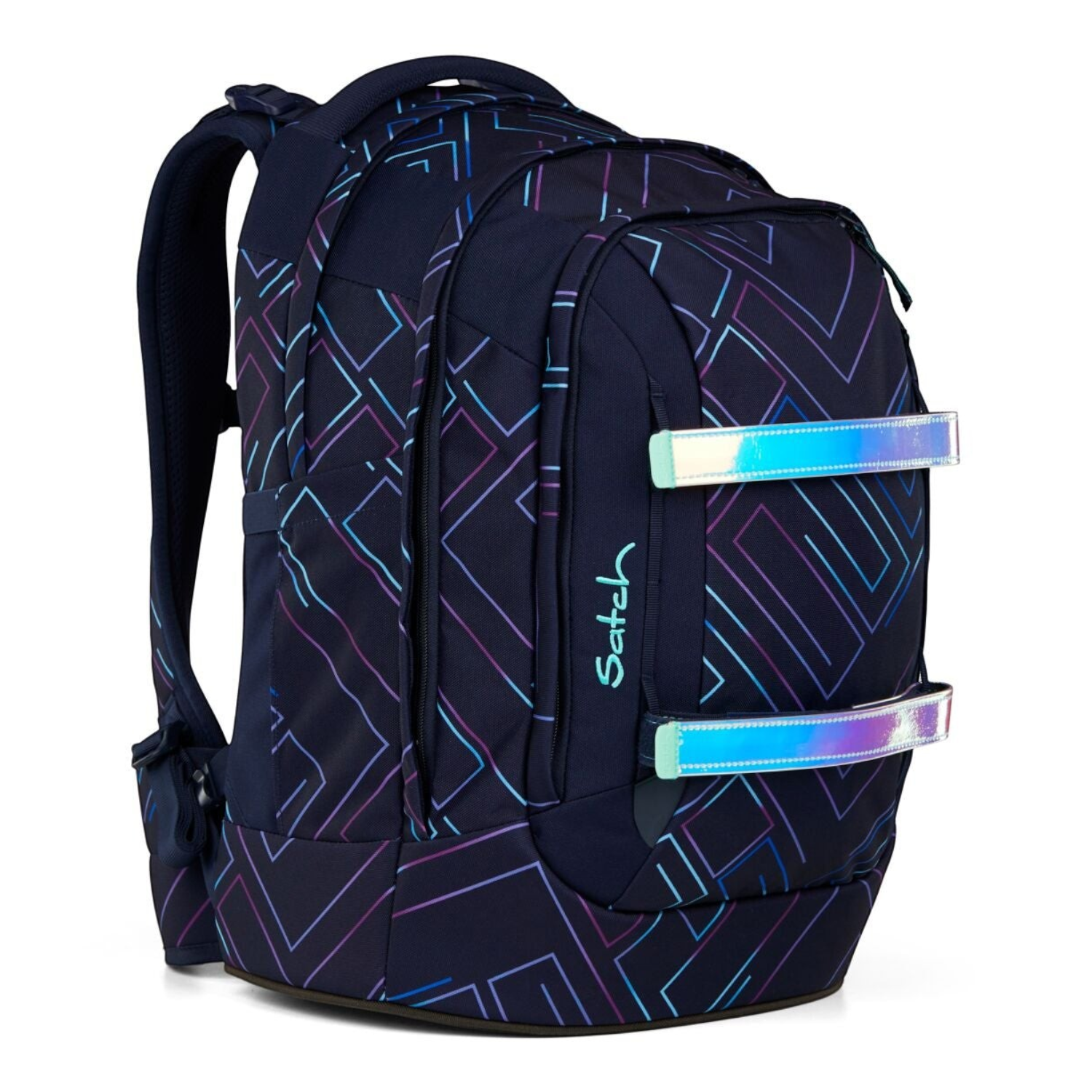 Lieblingstasche satch pack school backpack in dark blue with geometric neon lines and iridescent reflective straps
