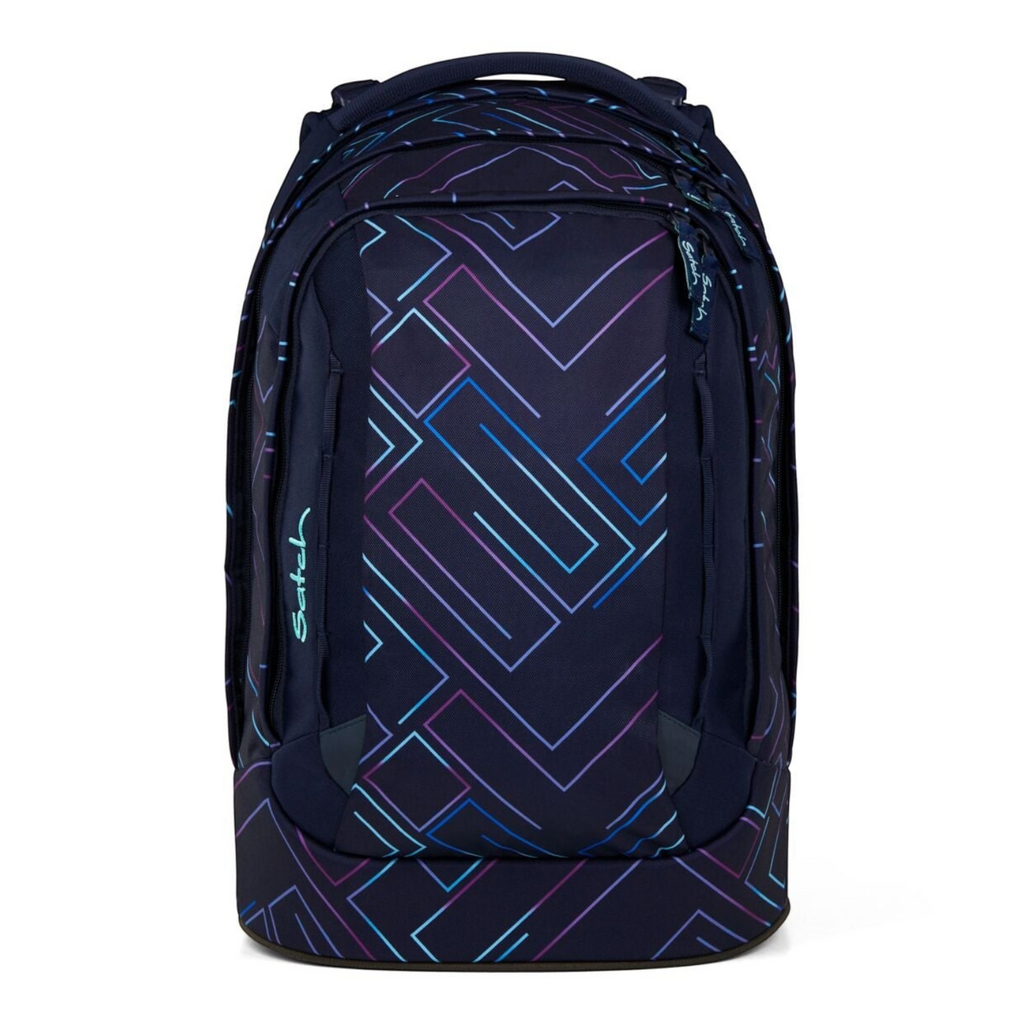 Lieblingstasche satch pack school backpack in dark blue with geometric neon purple and blue line pattern