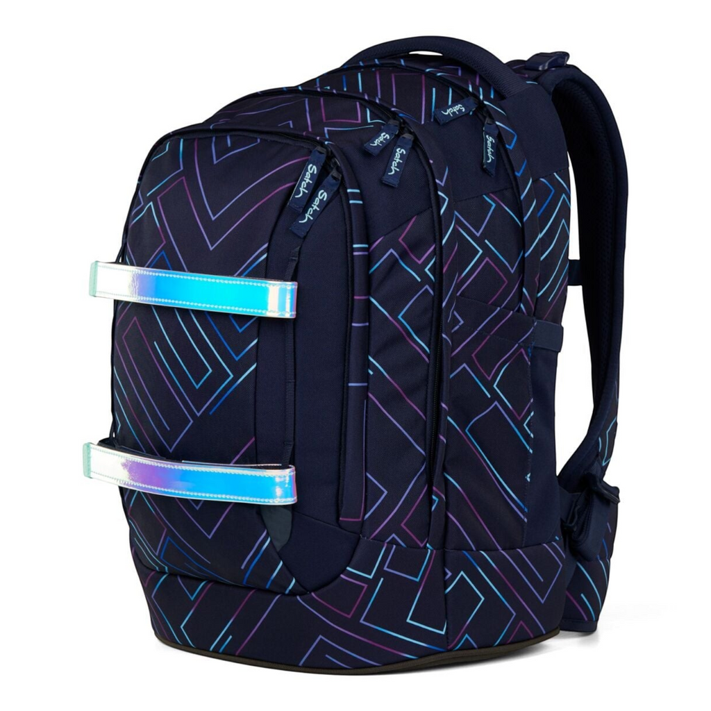 Lieblingstasche satch pack school backpack in dark blue with geometric neon lines and reflective front straps