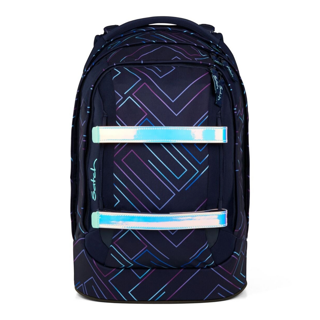 Lieblingstasche satch pack school backpack in dark blue with geometric neon purple and blue lines and reflective straps
