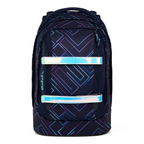 Lieblingstasche satch pack school backpack in dark blue with geometric neon purple and blue lines and reflective straps