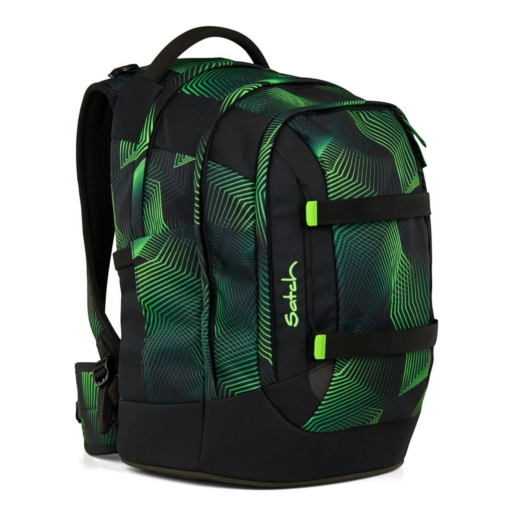 Lieblingstasche satch pack school backpack in black with green geometric line pattern and adjustable straps