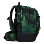 Lieblingstasche satch pack school backpack in black with green geometric line pattern, side view with ergonomic straps
