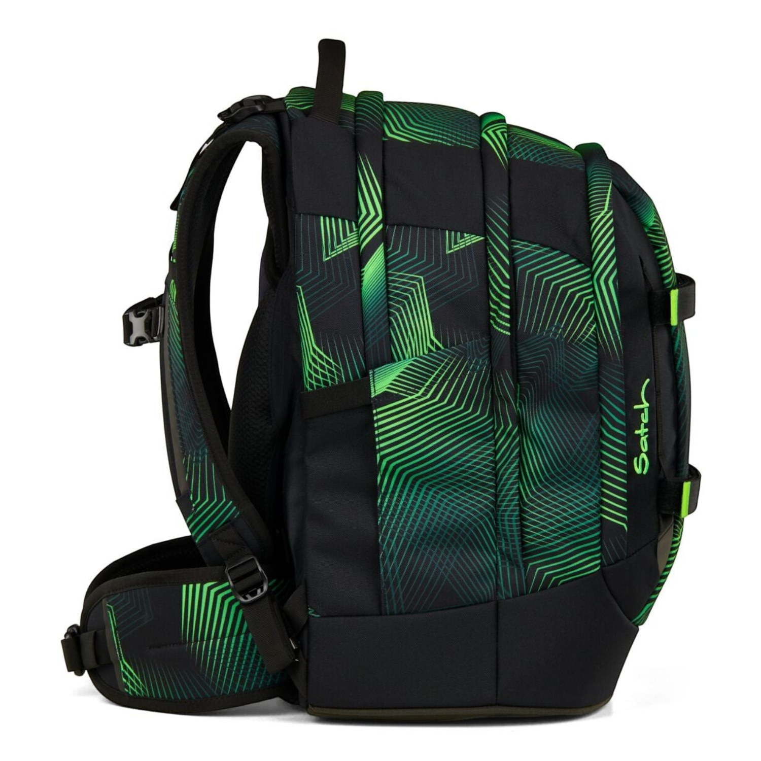 Lieblingstasche satch pack school backpack in black with green geometric line pattern, side view with ergonomic straps