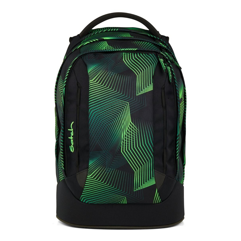 Lieblingstasche satch pack school backpack in black with green geometric line pattern and ergonomic design