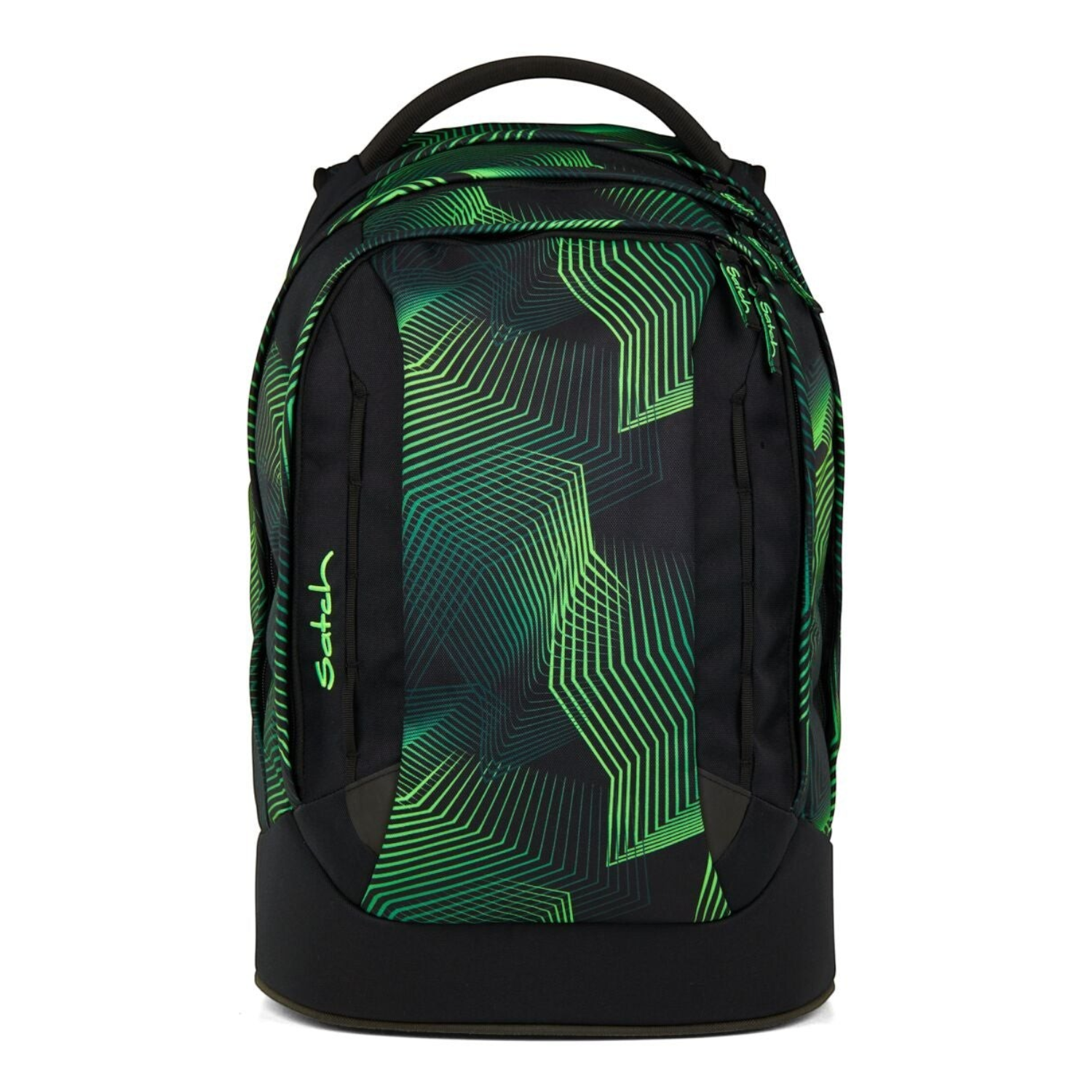 Lieblingstasche satch pack school backpack in black with green geometric line pattern and ergonomic design