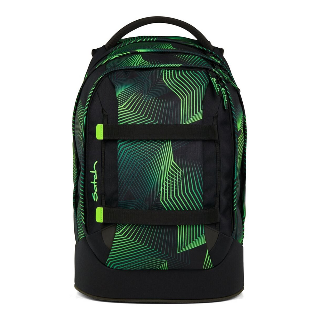 Lieblingstasche satch pack school backpack in black and green with geometric pattern and front compression straps