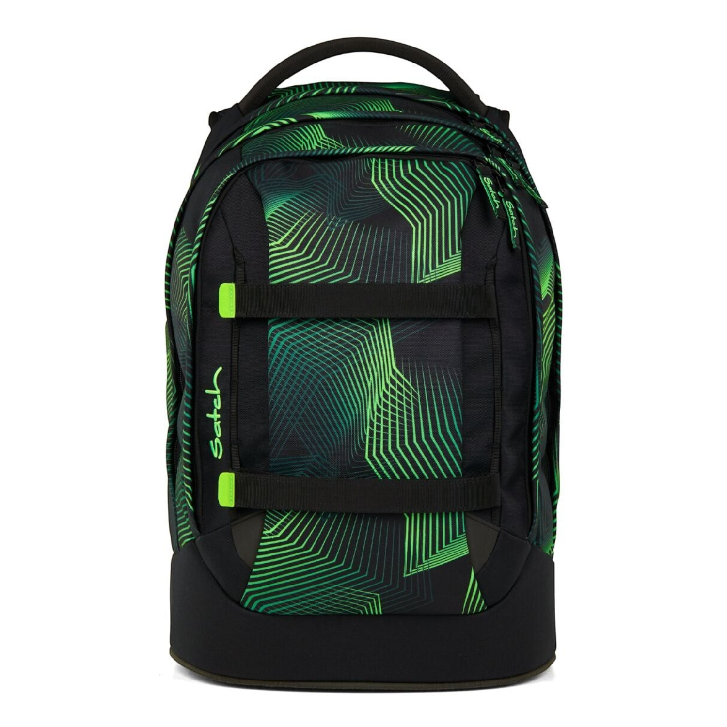 Lieblingstasche satch pack school backpack in black and green with geometric pattern and front compression straps