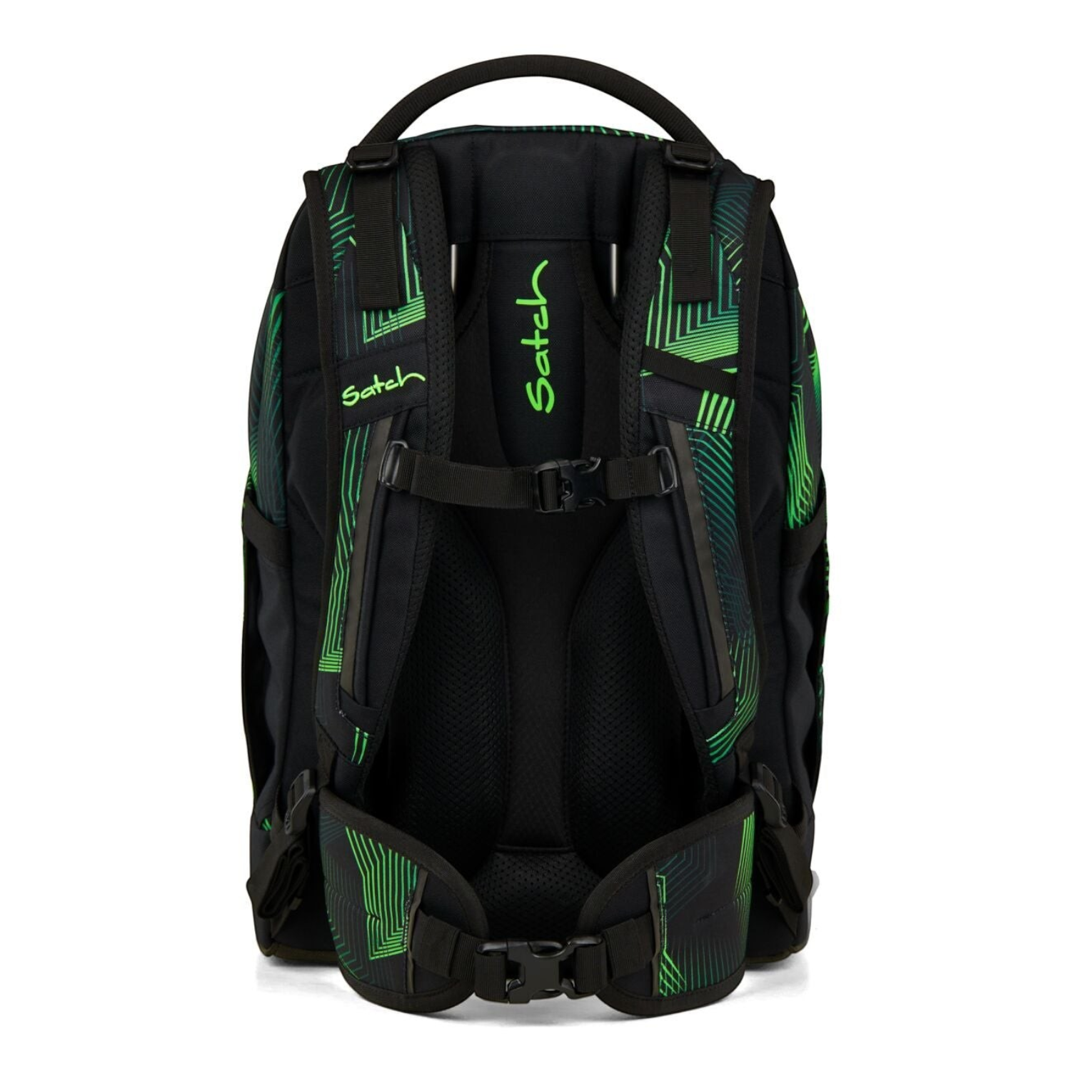 Lieblingstasche satch pack school backpack in black with green geometric patterns, showing the ergonomic back system.