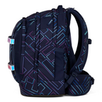Lieblingstasche satch pack school backpack in navy blue with geometric neon purple and blue line pattern, side view