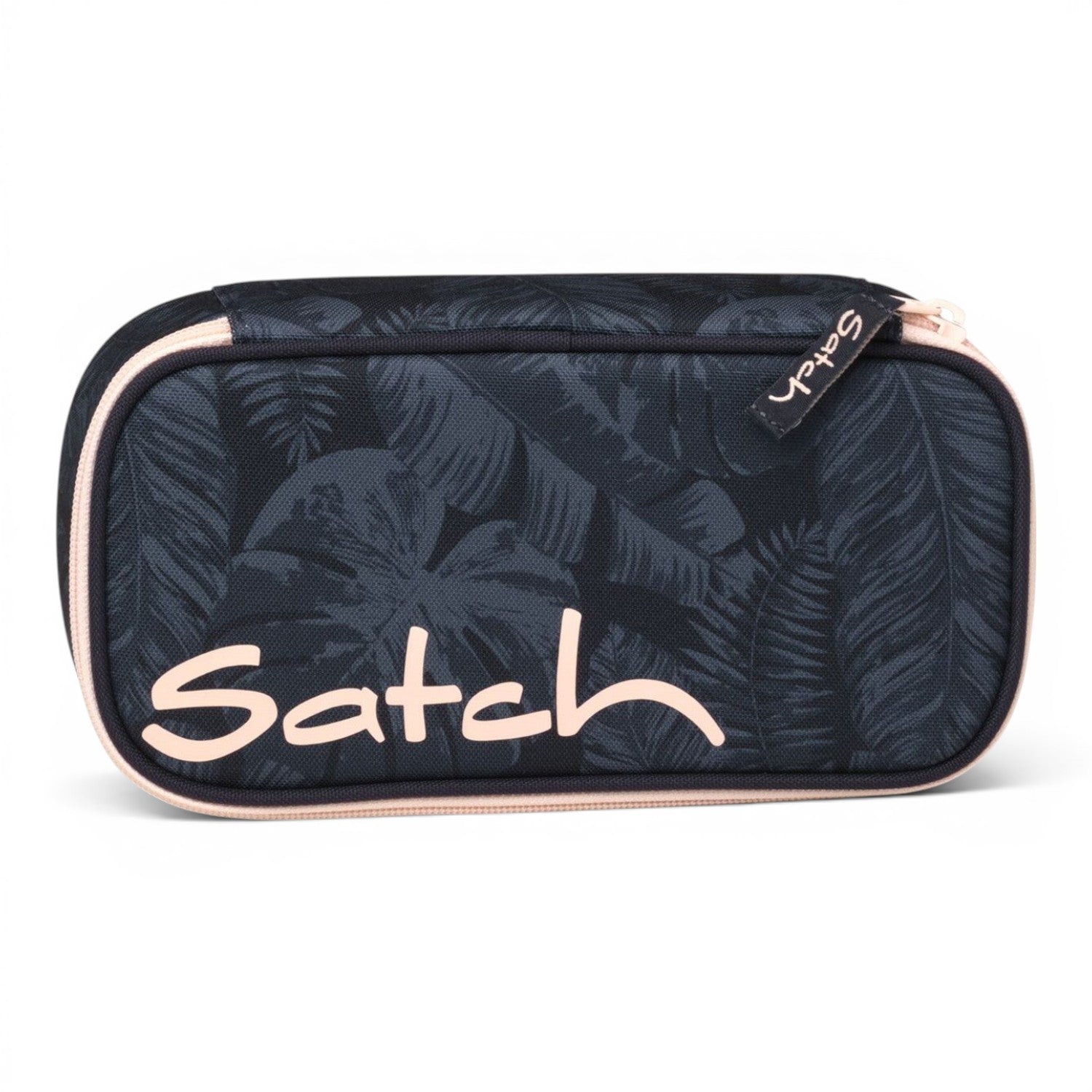 Lieblingstasche Satch Schlamperbox pencil case in dark grey with a black tropical leaf pattern and light pink trim.