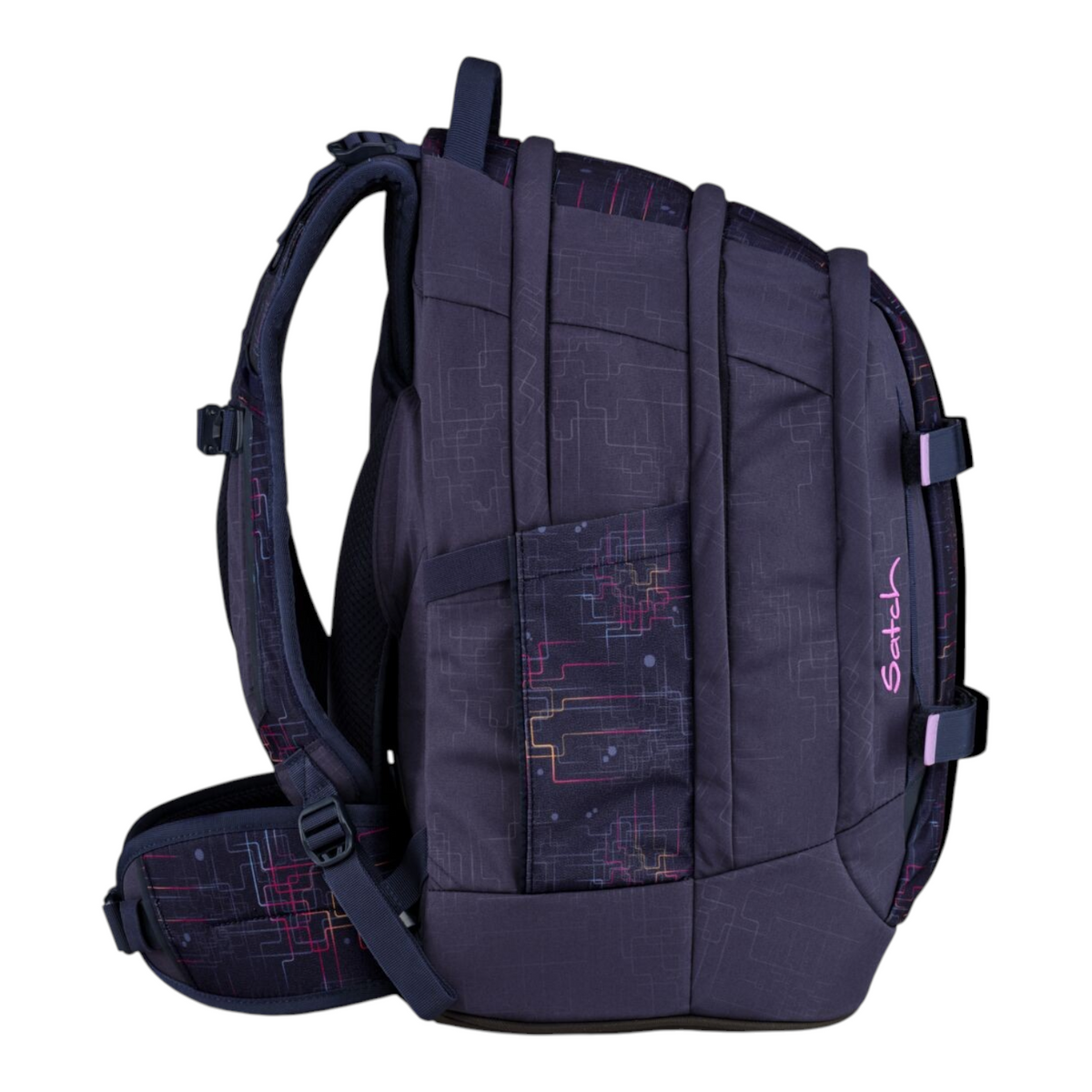Lieblingstasche Satch school backpack in dark purple with a geometric grid pattern and pink accents, side view