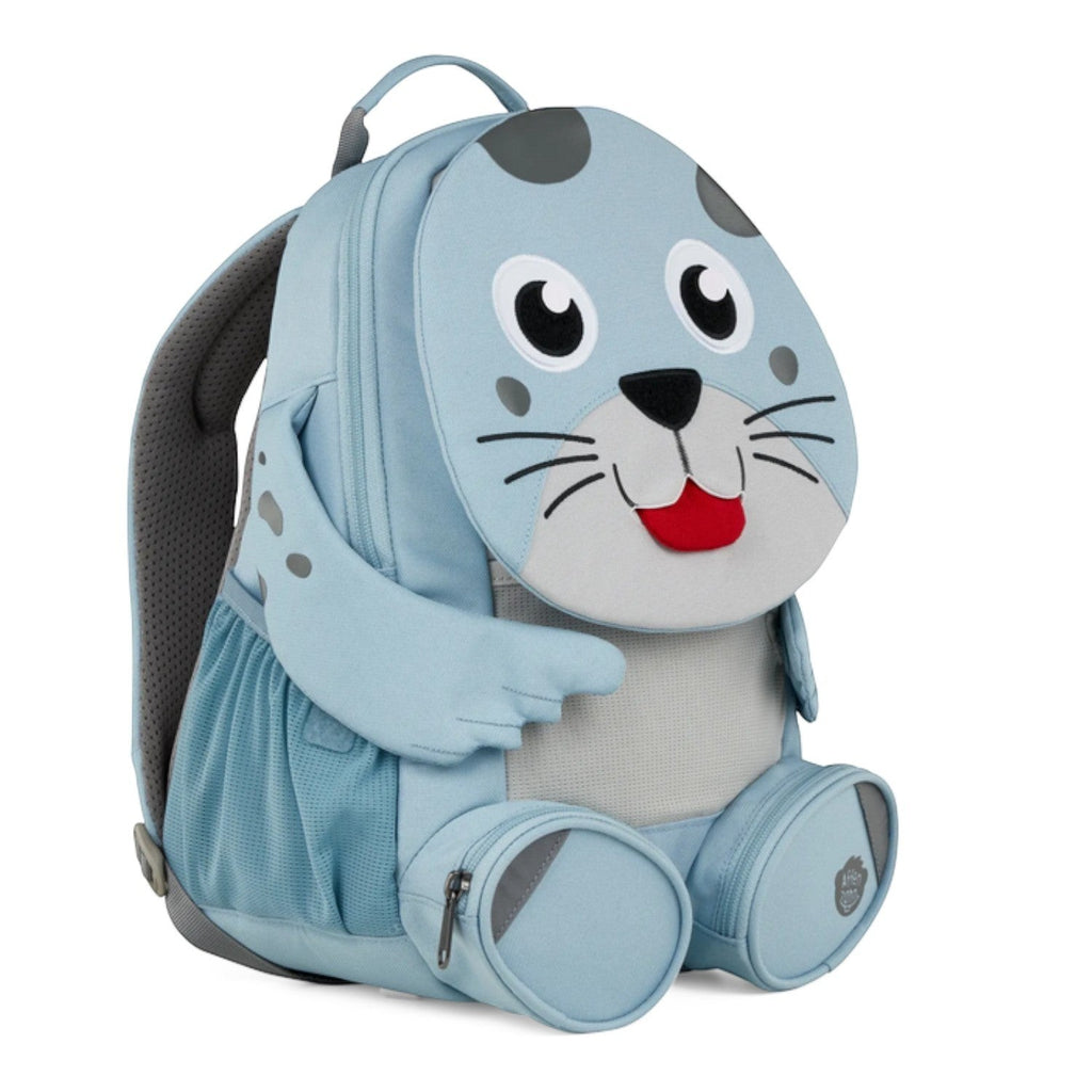 Lieblingstasche light blue seal backpack for kids with cute face, flippers, and side pockets.