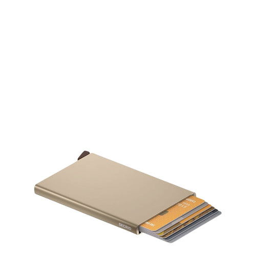 Lieblingstasche Secrid Cardprotector in gold aluminium with cards sliding out for quick access and RFID protection