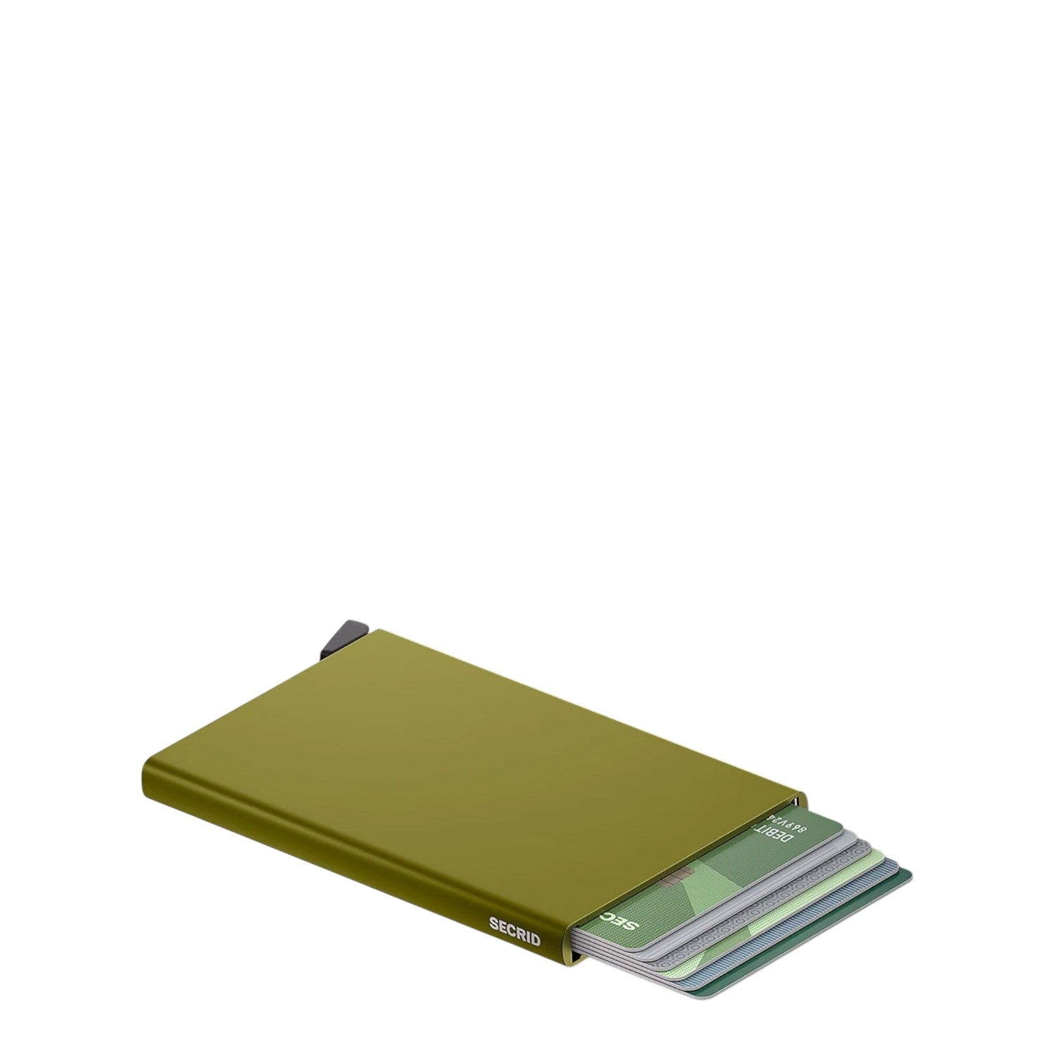 Lieblingstasche Secrid Cardprotector in olive green aluminum with cards partially extended for quick access
