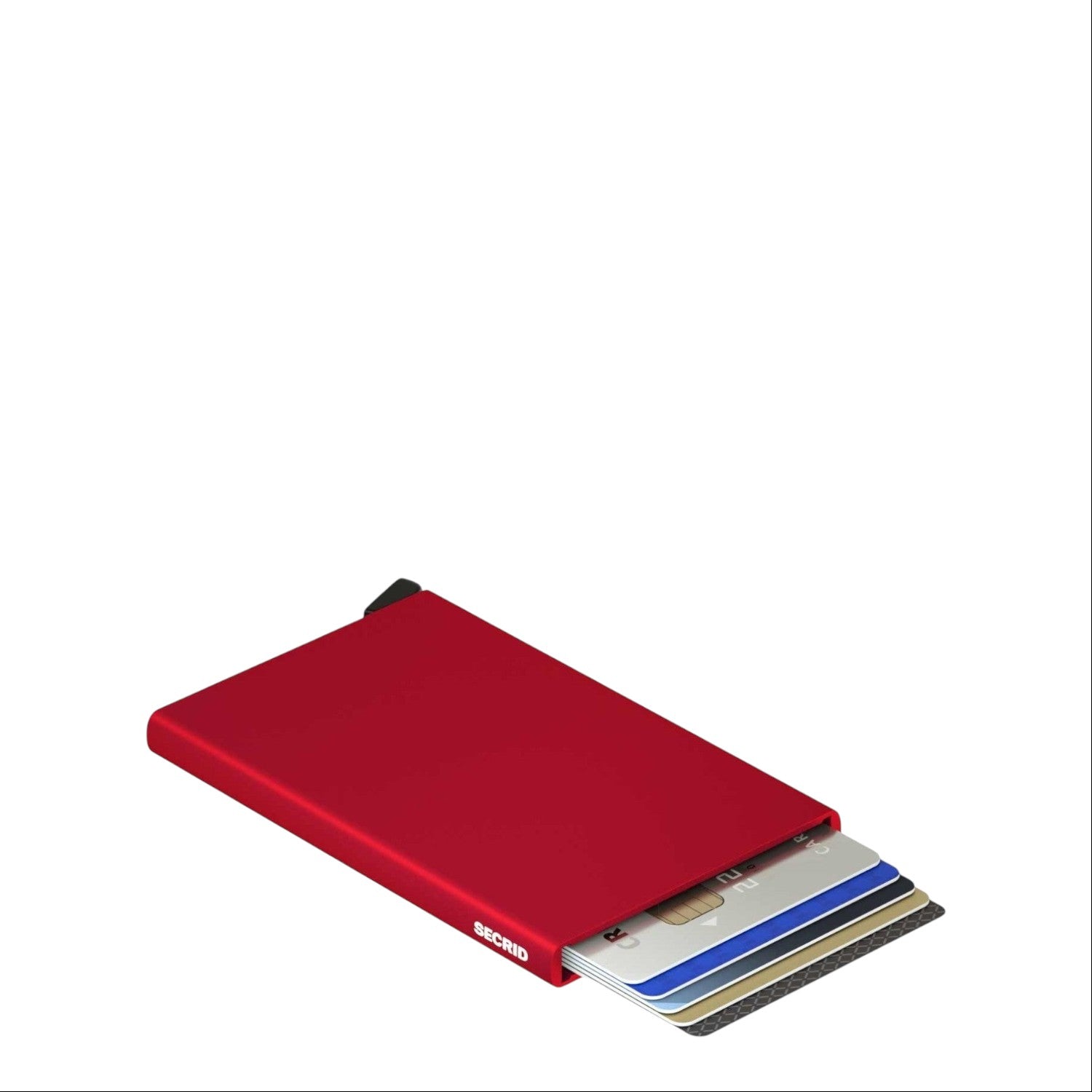 Lieblingstasche Secrid Cardprotector in red aluminium with cards sliding out for quick access and RFID protection