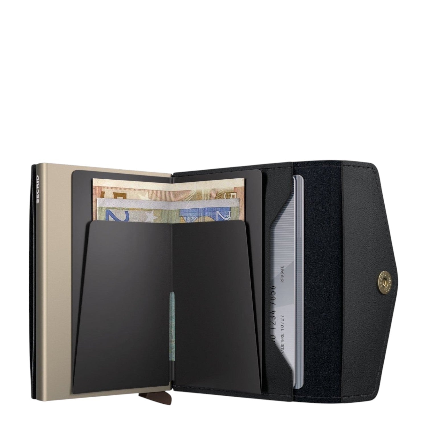 Lieblingstasche Secrid Envelope wallet in black leather with gold card protector and open interior compartments